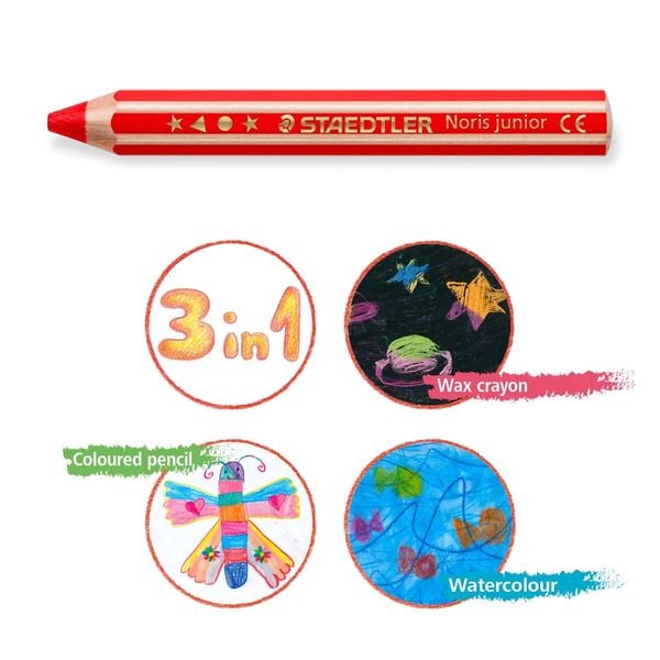 STAEDTLER Noris junior 140 Kindermalstift 3 in 1, Kartonetui mit 18 Malstiften in sortierten Farben, 1 Spitzer und 1 Pinsel, 140 C18