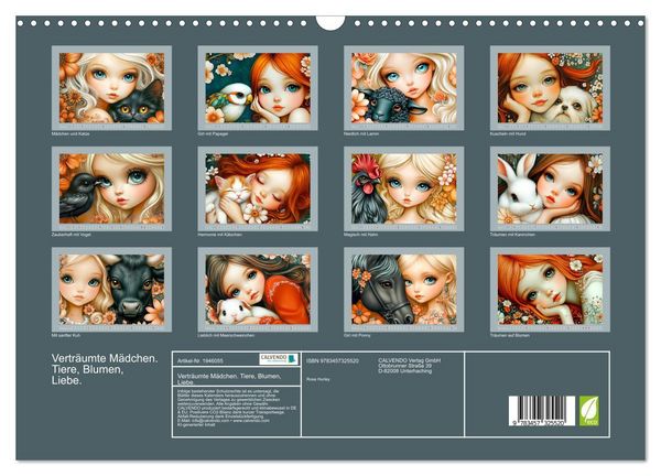Produktbild: Vertr&auml;umte M&auml;dchen. Tiere, Blumen, Liebe. (Wandkalender 2026 DIN A3 quer), CALVENDO Monatskalender