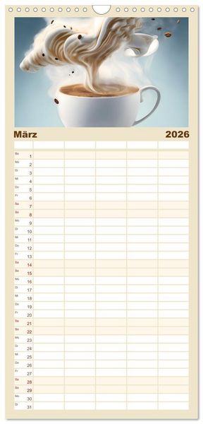 Produktbild: Familienplaner 2026 - Kaffe mal anders geniessen mit 5 Spalten (Wandkalender, 21 x 45 cm) CALVENDO