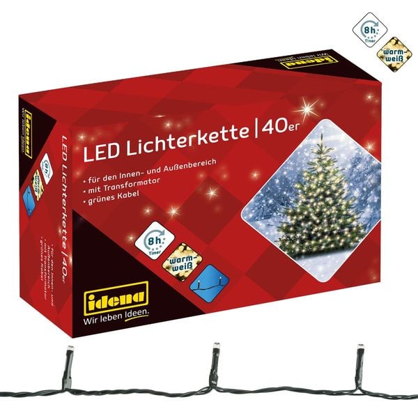 Idena Lichterkette 40 LED warmweiß 8h Timer 11,90m