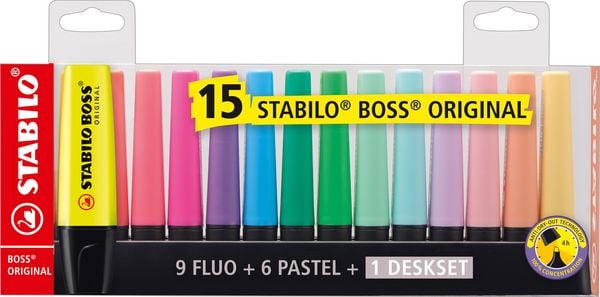 Produktbild: STABILO Textmarker -   BOSS ORIGINAL - 15er Tischset - 9 Leuchtfarben, 6 Pastellfarben