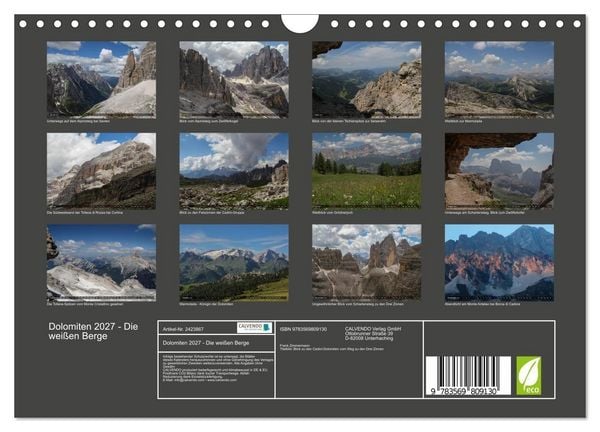 Produktbild: Dolomiten 2027 - Die wei&szlig;en Berge (Wandkalender 2027 DIN A4 quer), CALVENDO Monatskalender
