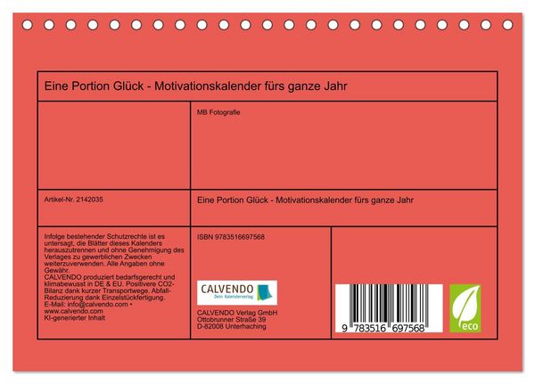 Produktbild: Eine Portion Gl&uuml;ck - Motivationskalender f&uuml;rs ganze Jahr (Tischkalender 2026 DIN A5 quer), CALVENDO Monatskalender