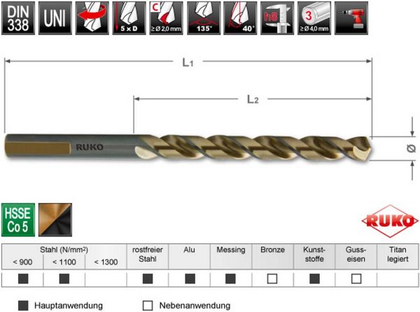 Produktbild: RUKO 228050 HSSE-Co 5 Spiralbohrer 5mm Gesamtl&auml;nge 86mm DIN 338 1St.