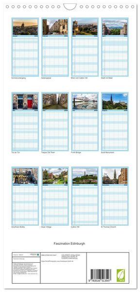 Produktbild: Familienplaner 2026 - Faszination Edinburgh mit 5 Spalten (Wandkalender, 21 x 45 cm) CALVENDO