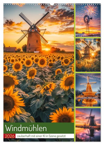 Produktbild: Windm&uuml;hlen - Zauberhaft mit einer KI in Szene gesetzt (Wandkalender 2026 DIN A2 hoch), CALVENDO Monatskalender