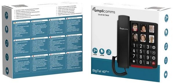 Produktbild: Amplicomms BigTel 40 Schnurgebundenes Seniorentelefon Foto-Tasten, f&uuml;r H&ouml;rger&auml;te kompatibel, Wahlwiederholung LED-Display Schwarz