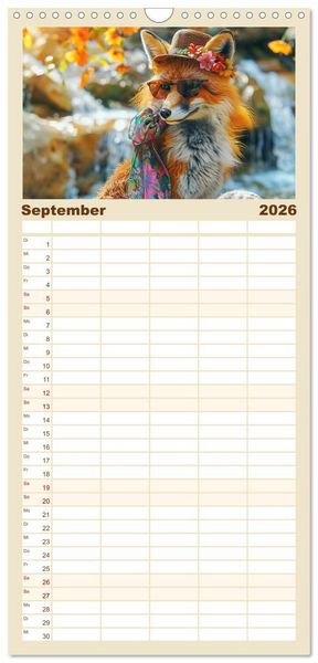 Produktbild: Familienplaner 2026 - Fuchsige Eskapaden. Reineke mit noblen Accessoires mit 5 Spalten (Wandkalender, 21 x 45 cm) CALVENDO