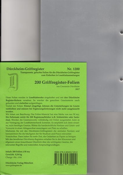200 DürckheimRegister -FOLIEN für STEUERGESETZE, Habersack u.a; zum Einheften und Unterteilen der roten Gesetzessammlungen, von , Dürckheim Verlag,