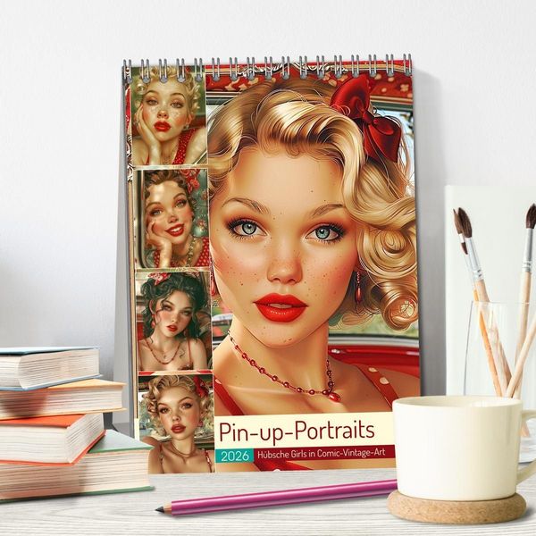 Produktbild: Pin-up-Portraits. H&uuml;bsche Girls in Comic-Vintage-Art (Tischkalender 2026 DIN A5 hoch), CALVENDO Monatskalender