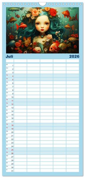 Produktbild: Familienplaner 2026 - Zauberhafte Meerjungfrauen. Liebliche Illustrationen mit 5 Spalten (Wandkalender, 21 x 45 cm) CALVENDO