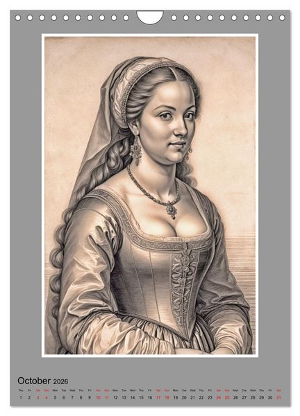 Produktbild: Baroque Beauties, Pencil Art with Artificial Intelligence (Wall Calendar 2026 DIN A4 portrait), CALVENDO 12 Month Wall Calendar