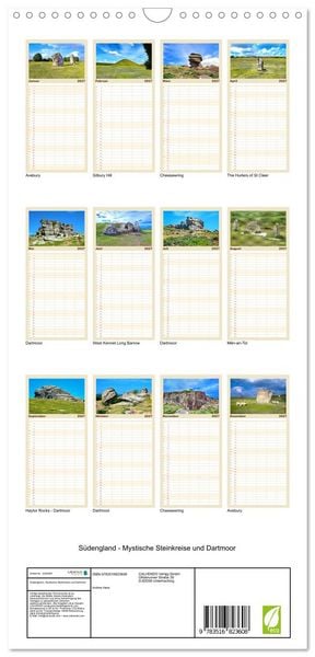 Produktbild: Familienplaner 2027 - S&uuml;dengland - Mystische Steinkreise und Dartmoor mit 5 Spalten (Wandkalender, 21 x 45 cm) CALVENDO