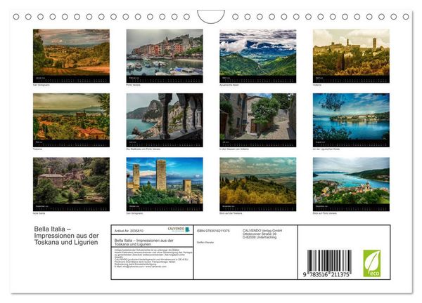 Produktbild: Bella Italia &ndash; Impressionen aus der Toskana und Ligurien (Wandkalender 2026 DIN A4 quer), CALVENDO Monatskalender