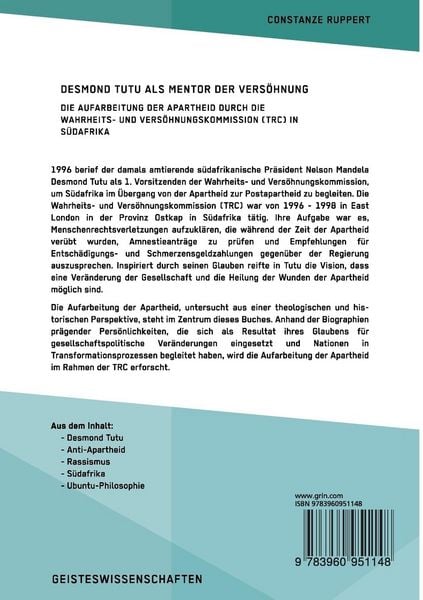Produktbild: Desmond Tutu als Mentor der Vers&ouml;hnung. Die Aufarbeitung der Apartheid durch die Wahrheits- und Vers&ouml;hnungskommission (TRC) in S&uuml;dafrika