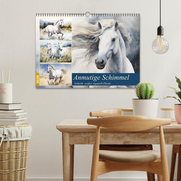 Produktbild: Anmutige Schimmel. &Auml;sthetik wei&szlig;er Aquarell-Pferde (Wandkalender 2026 DIN A3 quer), CALVENDO Monatskalender