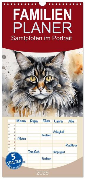 Produktbild: Familienplaner 2026 - Samtpfoten im Portrait mit 5 Spalten (Wandkalender, 21 x 45 cm) CALVENDO