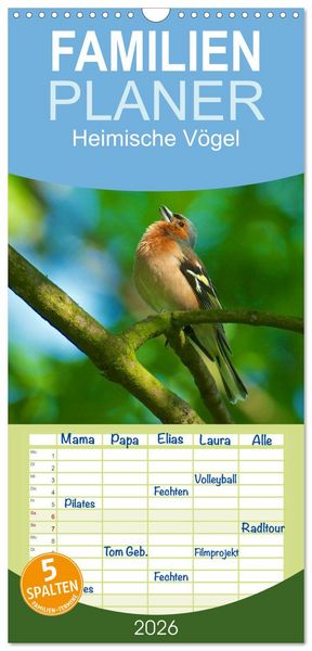 Produktbild: Familienplaner 2026 - Heimische V&ouml;gel mit 5 Spalten (Wandkalender, 21 x 45 cm) CALVENDO