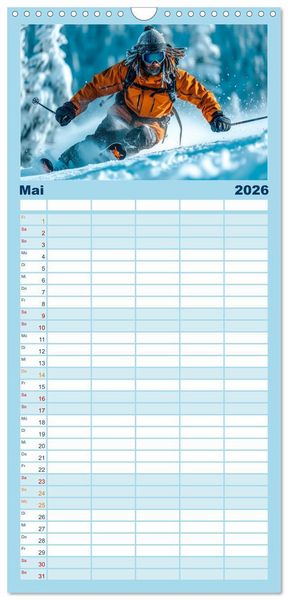 Produktbild: Familienplaner 2026 - Skifahren - tolle Momente mit 5 Spalten (Wandkalender, 21 x 45 cm) CALVENDO