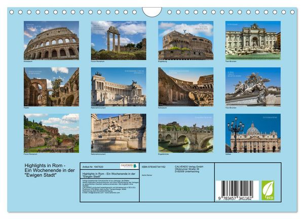 Produktbild: Highlights in Rom - Ein Wochenende in der "Ewigen Stadt" (Wandkalender 2026 DIN A4 quer), CALVENDO Monatskalender