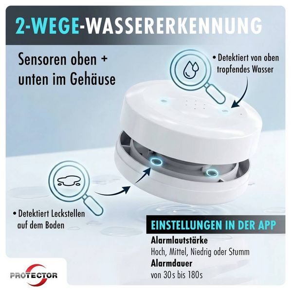 Produktbild: Protector 15045 WA-3 Wassermelder mit WIFI-Alarmweiterleitung mit App-Steuerung batteriebetrieben
