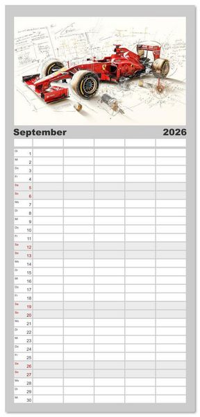 Produktbild: Familienplaner 2026 - Rennwagen - Design Studien mit 5 Spalten (Wandkalender, 21 x 45 cm) CALVENDO