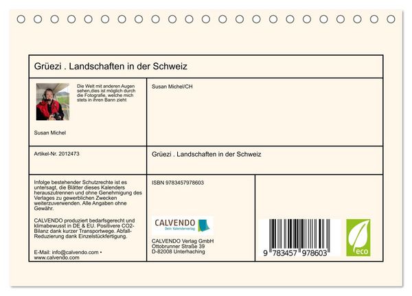 Produktbild: Gr&uuml;ezi . Landschaften in der Schweiz (Tischkalender 2026 DIN A5 quer), CALVENDO Monatskalender