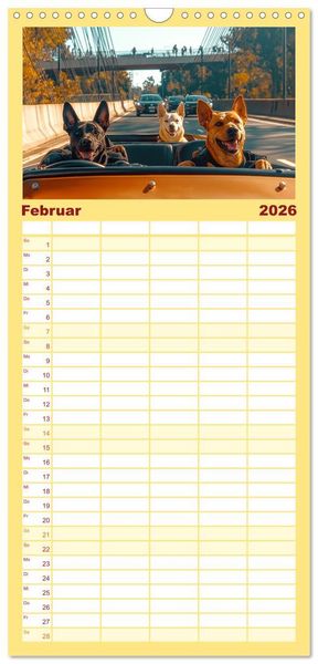 Produktbild: Familienplaner 2026 - S&uuml;&szlig;e Hunde cruisen - durch das Jahr mit dem Hundekalender mit 5 Spalten (Wandkalender, 21 x 45 cm) CALVENDO