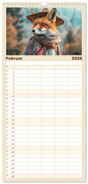 Produktbild: Familienplaner 2026 - Fuchsige Eskapaden. Reineke mit noblen Accessoires mit 5 Spalten (Wandkalender, 21 x 45 cm) CALVENDO