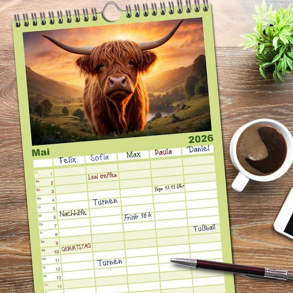 Produktbild: Familienplaner 2026 - Highland K&uuml;he mit 5 Spalten (Wandkalender, 21 x 45 cm) CALVENDO