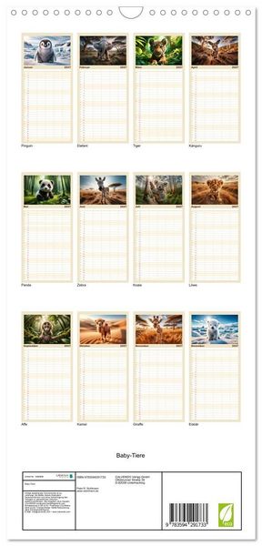 Produktbild: Familienplaner 2027 - Baby-Tiere mit 5 Spalten (Wandkalender, 21 x 45 cm) CALVENDO