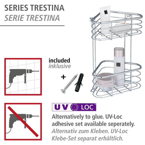 Produktbild: Edelstahl Eckregal Mod. Trestina 2 Etagen, extra tiefer Korb f&uuml;r Shampoo- und Duschgelflaschen