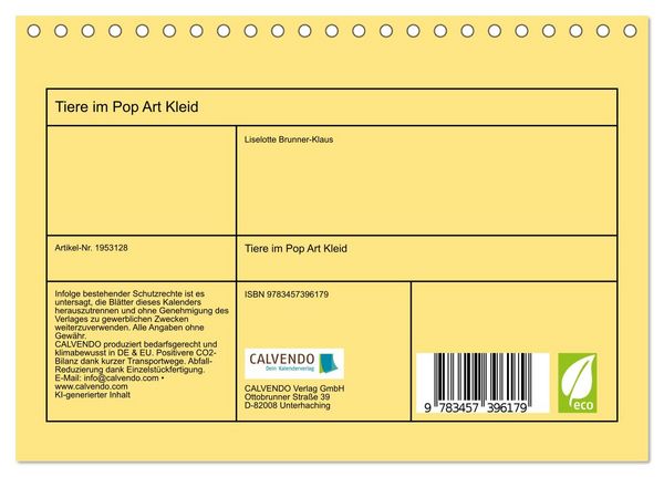 Produktbild: Tiere im Pop Art Kleid (Tischkalender 2026 DIN A5 quer), CALVENDO Monatskalender