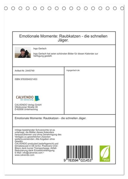 Produktbild: Emotionale Momente: Raubkatzen - die schnellen J&auml;ger. (Tischkalender 2027 DIN A5 hoch), CALVENDO Monatskalender