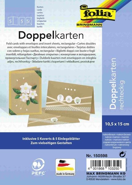 Folia Klappkarten/Doppelkarten für Einladungen, Glückwunsch- oder Grußkarten, 10,5x15cm, natron-braun, 5 Karten + Kuvert