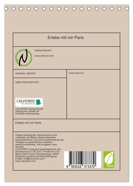 Produktbild: Erlebe mit mir Paris (Tischkalender 2026 DIN A5 hoch), CALVENDO Monatskalender