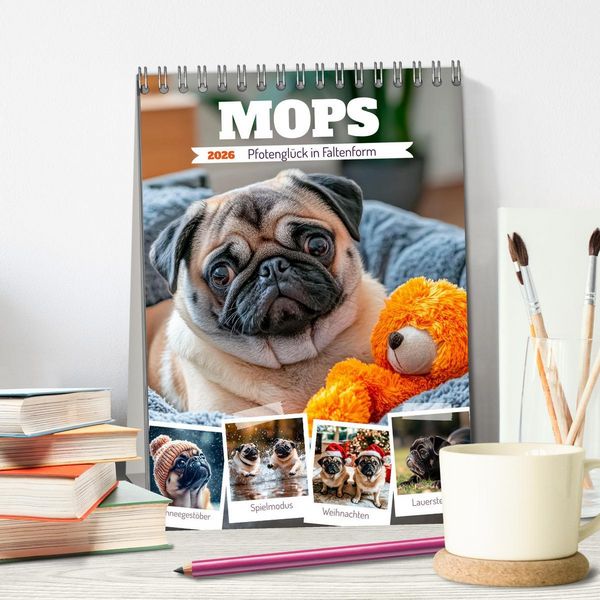 Produktbild: MOPS Pfotengl&uuml;ck in Faltenform (Tischkalender 2026 DIN A5 hoch), CALVENDO Monatskalender