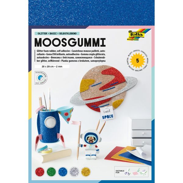 Produktbild: folia Moosgummi Glitter selbstklebend mehrfarbig 20x29cm 5 Blatt