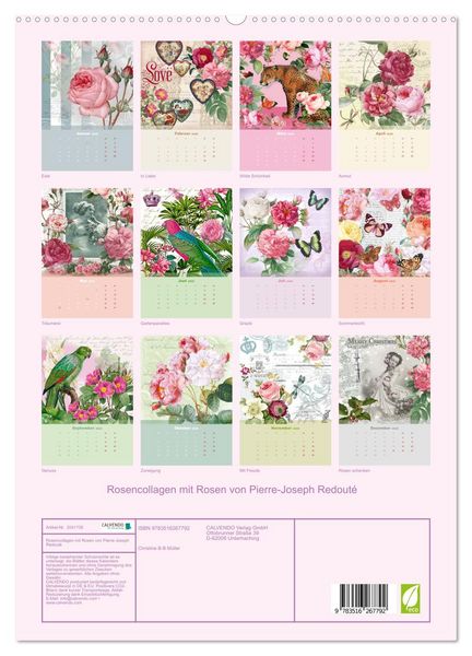 Produktbild: Rosencollagen mit Rosen von Pierre-Joseph Redout&eacute; (hochwertiger Premium Wandkalender 2026 DIN A2 hoch), Kunstdruck in Hochglanz