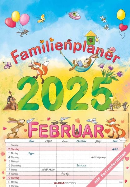 Familienplaner Cartoon 2025 - Bildkalender 23,7x34 cm - 6 Spalten - Kalender mit Platz für Notizen - mit vielen Zusatzin