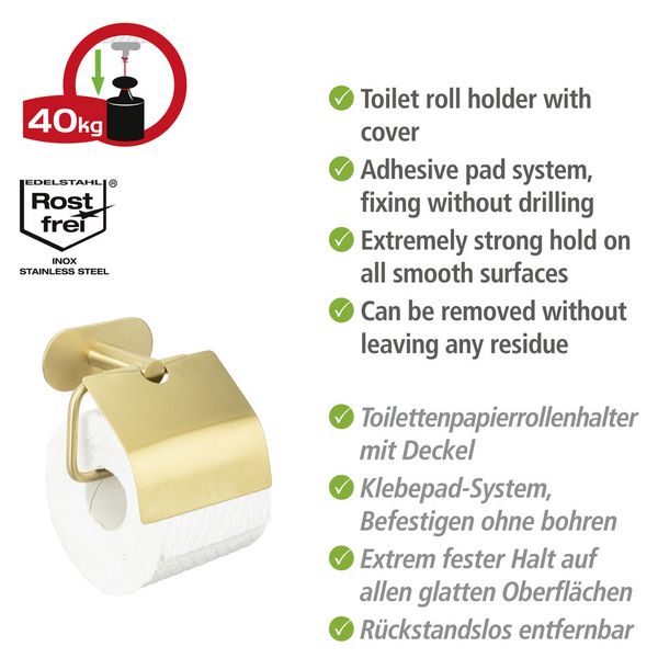 Produktbild: Turbo-Loc&reg; Toilettenpapierhalter mit Deckel Mod. Orea Gold Matt, Befestigen ohne bohren