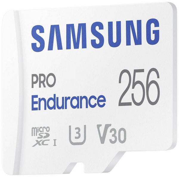 Produktbild: Samsung PRO Endurance microSDXC-Karte 256 GB Class 10, UHS-Class 3, v30 Video Speed Class 4K-Videounterst&uuml;tzung, inkl. SD-Adapter, sto&szlig;sicher