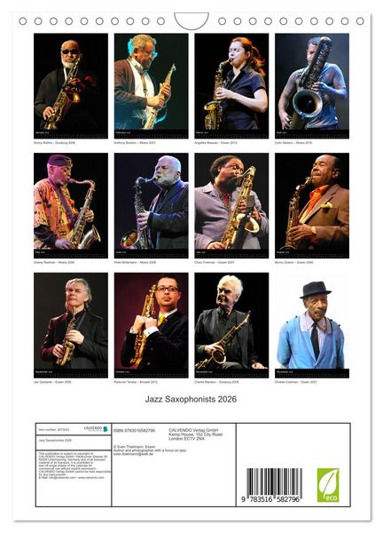 Produktbild: Jazz Saxophonists 2026 (Wall Calendar 2026 DIN A4 portrait), CALVENDO 12 Month Wall Calendar