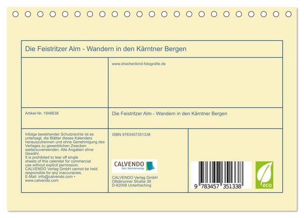 Produktbild: Die Feistritzer Alm - Wandern in den K&auml;rntner Bergen (Tischkalender 2026 DIN A5 quer), CALVENDO Monatskalender