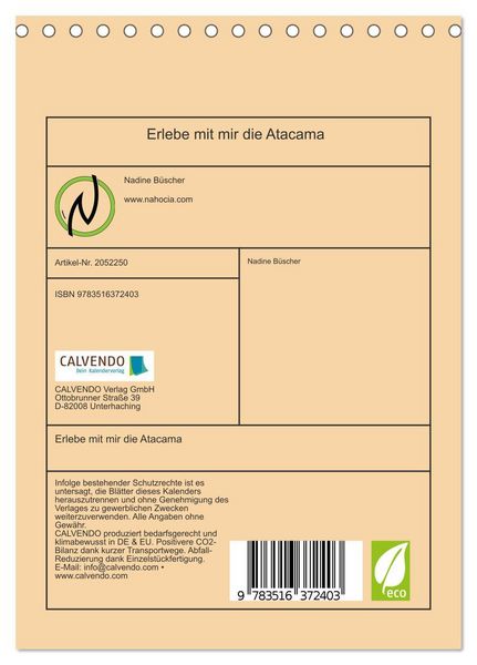 Produktbild: Erlebe mit mir die Atacama (Tischkalender 2026 DIN A5 hoch), CALVENDO Monatskalender