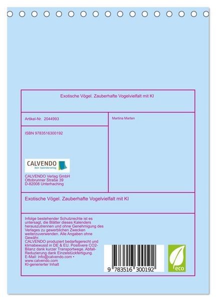Produktbild: Exotische V&ouml;gel. Zauberhafte Vogelvielfalt mit KI (Tischkalender 2026 DIN A5 hoch), CALVENDO Monatskalender