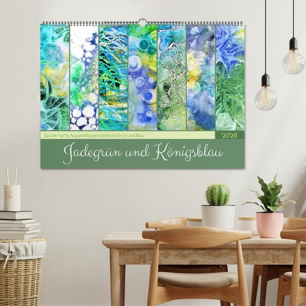 Produktbild: Jadegr&uuml;n und K&ouml;nigsblau - Zauberhafte Aquarellexperimente in Gr&uuml;n und Blau (Wandkalender 2026 DIN A2 quer), CALVENDO Monatskalender