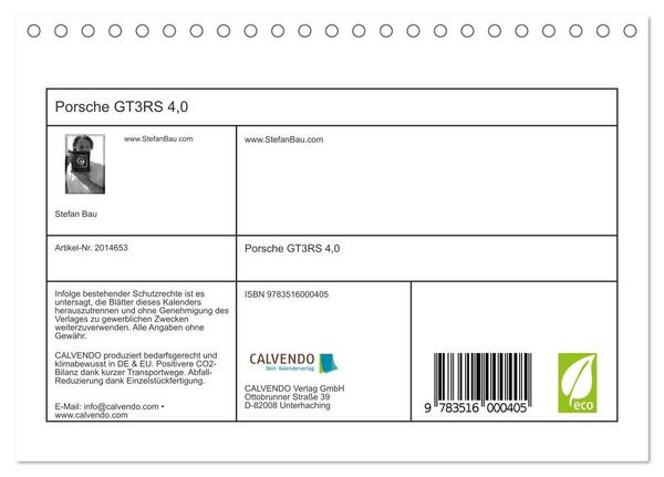 Produktbild: Porsche GT3RS 4,0 (Tischkalender 2026 DIN A5 quer), CALVENDO Monatskalender