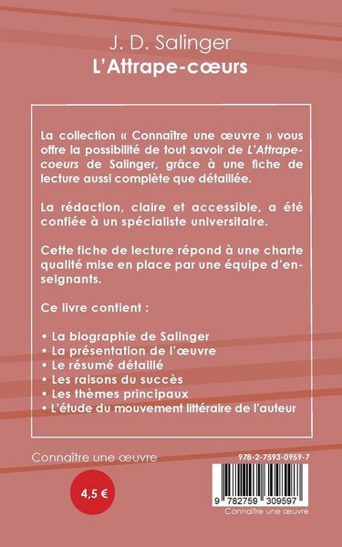 Produktbild: Fiche de lecture L'Attrape-coeurs de Salinger (analyse litt&eacute;raire de r&eacute;f&eacute;rence et r&eacute;sum&eacute; complet)