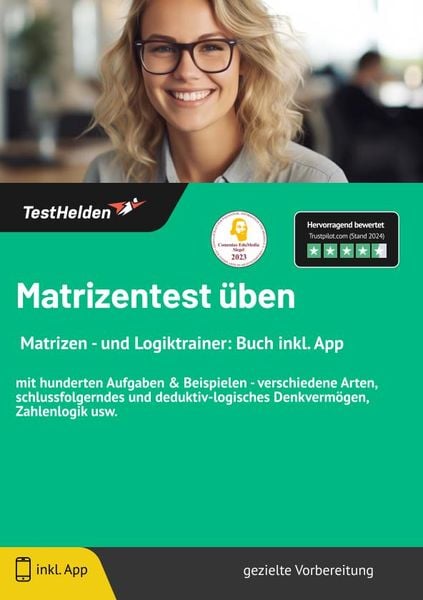 Produktbild: Matrizentest &uuml;ben: I Matrizen - und Logiktrainer: Buch inkl. App | mit hunderten Aufgaben & Beispielen - verschiedene Arten, schlussfolgerndes und deduktiv-logisches Denkverm&ouml;gen, Zahlenlogik usw.